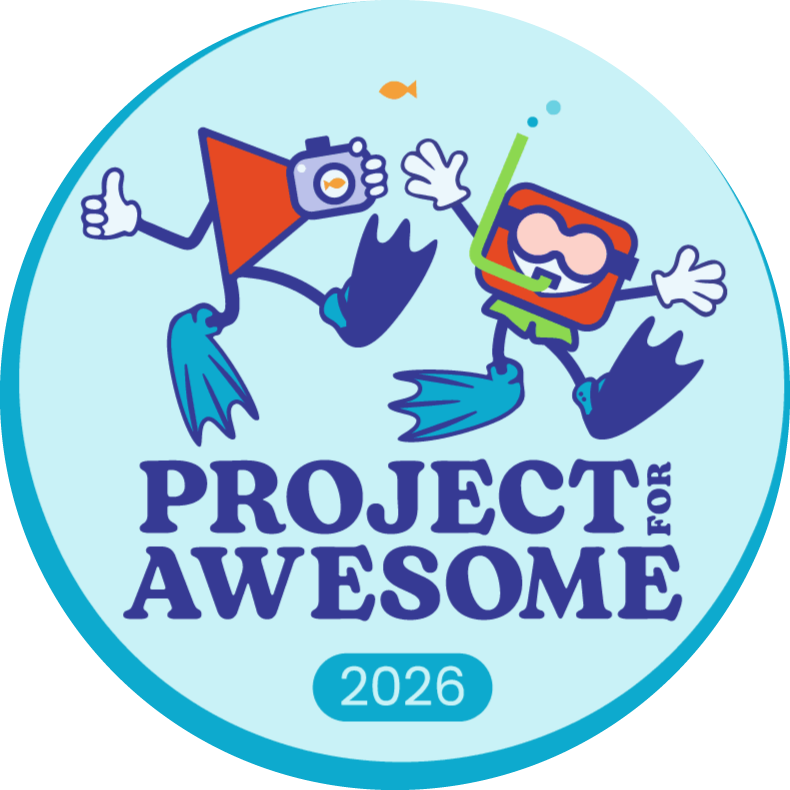Project for Awesome 2026 logo. Includes graphics of 2 characters that resemble online video icons wearing snorkeling gear.