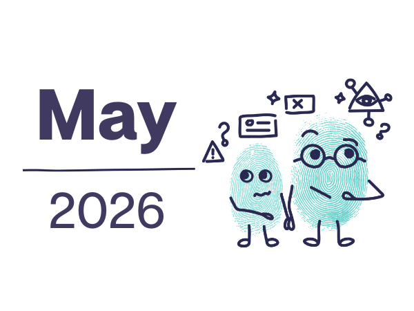 May 2026 date with two blue fingerprint characters and science doodles.