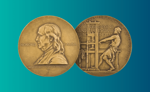 Two bronze award medals on a teal gradient background; left medal shows a profile with 'HONORIS CAUSA', right medal depicts a man at a printing press.